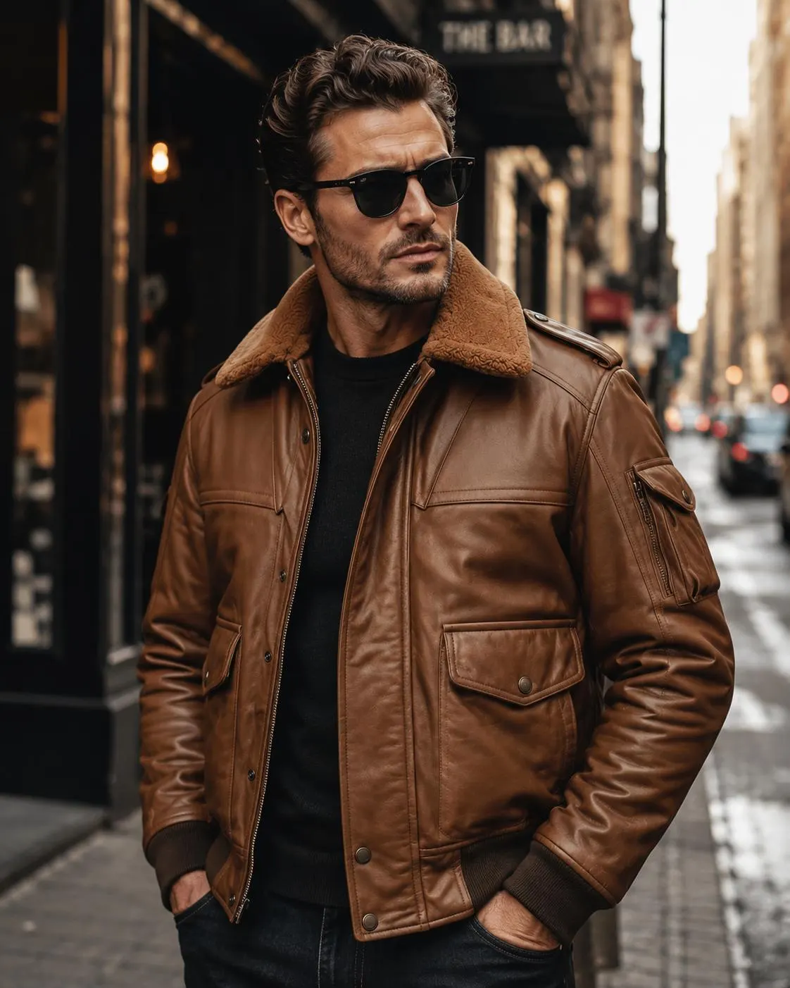 Men's Genuine Leather Bomber Jacket | Brown Aviator Style with Shearling Collar — view 1