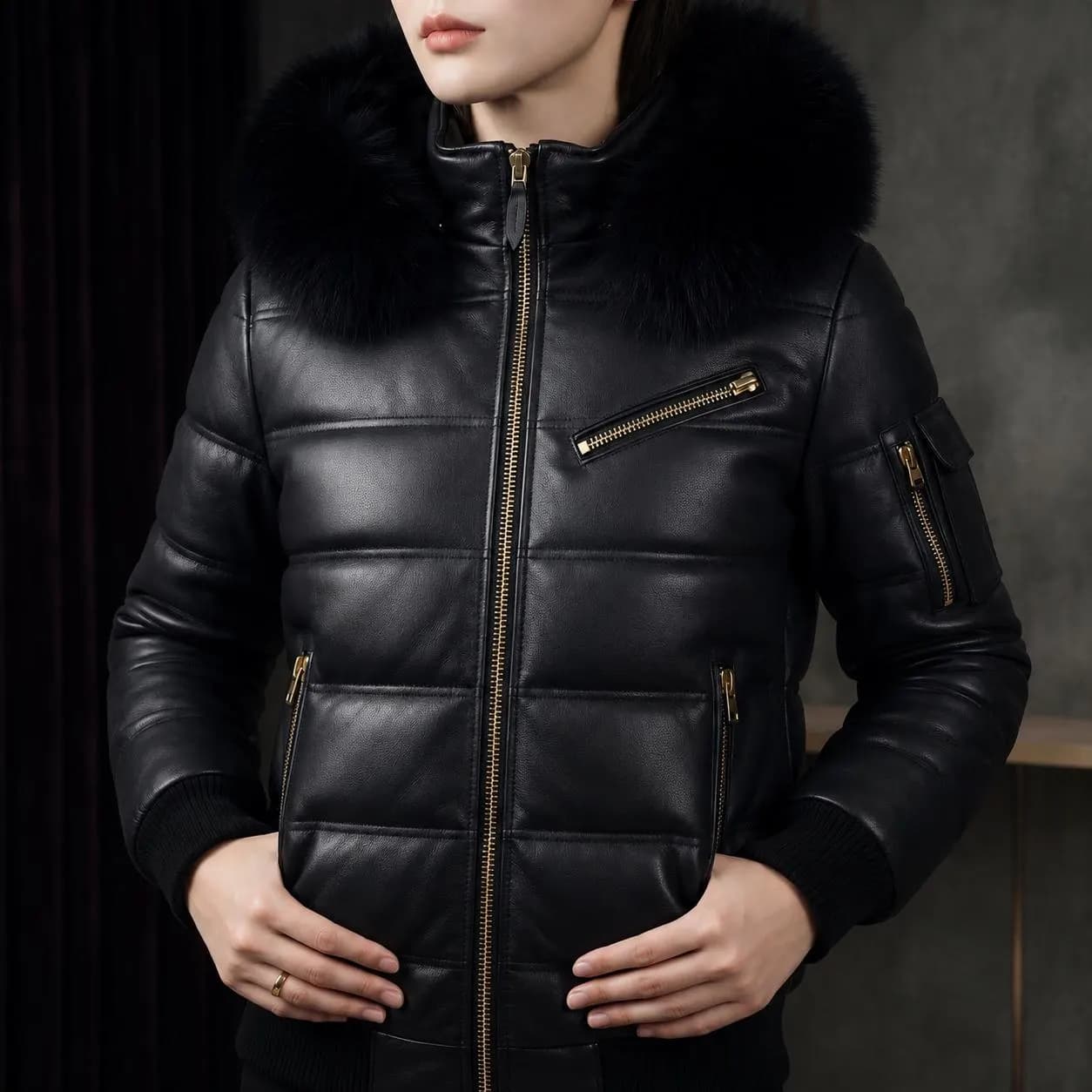Men's Genuine Leather Puffer Jacket | Black Fur Hood Bomber Coat, Winter Warmth