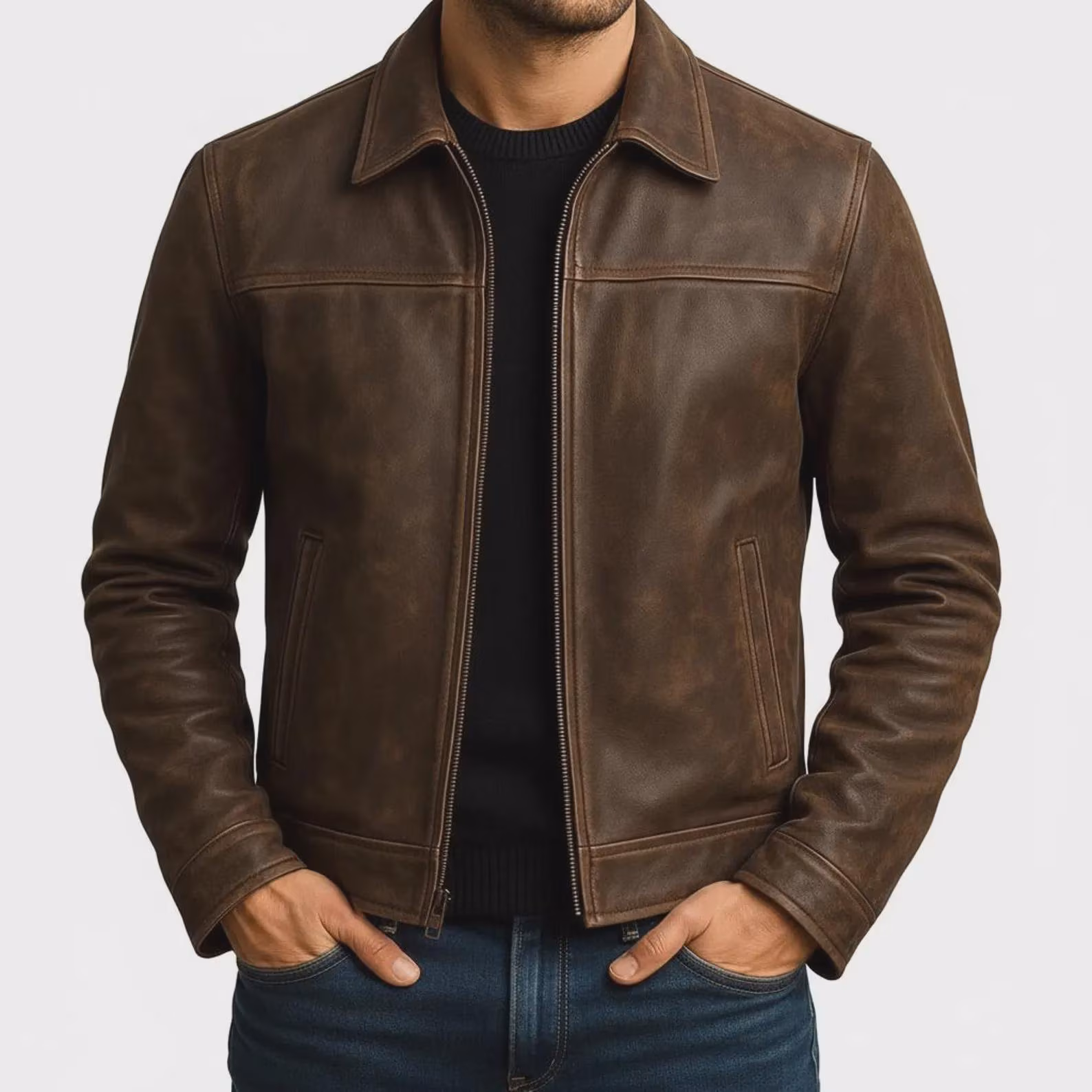 Men's Genuine Leather Jacket | Vintage Brown, Quilted Lining, Zip-Up Motorcycle Coat