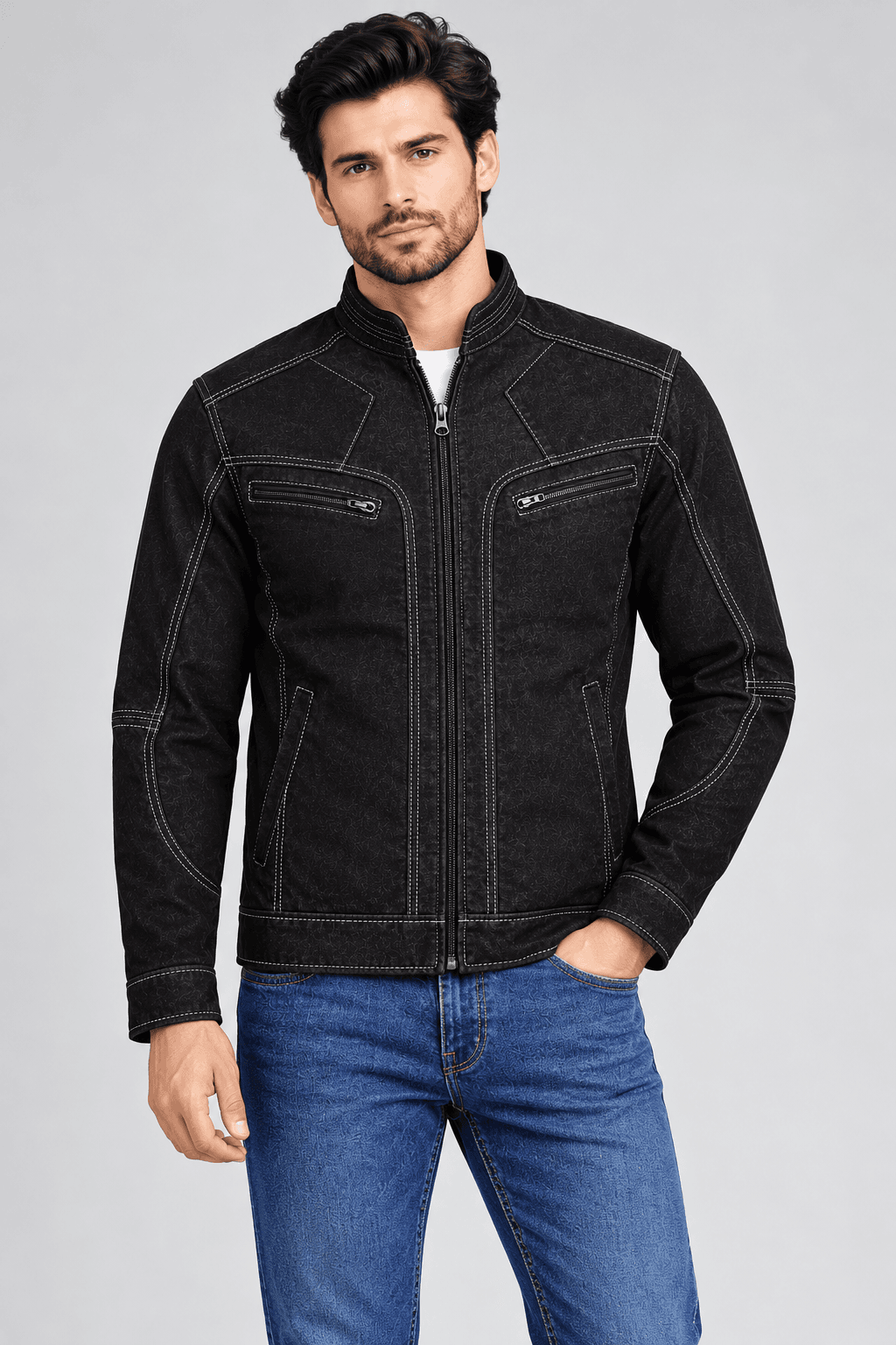 Men's Dark Brown Leather Cafe Racer Motorcycle Jacket with Contrast Stitching — view 1